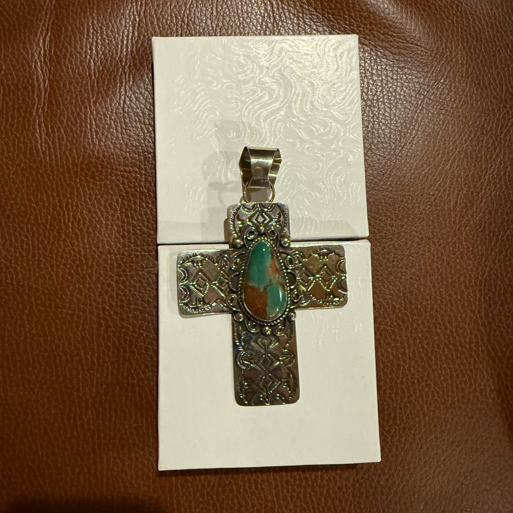 Turquoise and Silver Cross Pendant. Wear as a necklace. Measures 4 1/2" L x 3" W